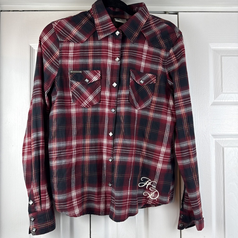 Harley Davidson Pearl Snap Button Down Shirt Women's Medium Red Plaid Logo